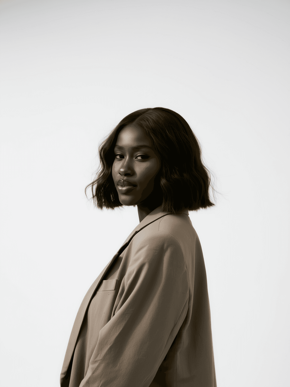 A woman with a shoulder-length bob in a taupe blazer, looking back over her shoulder with a calm half smile
