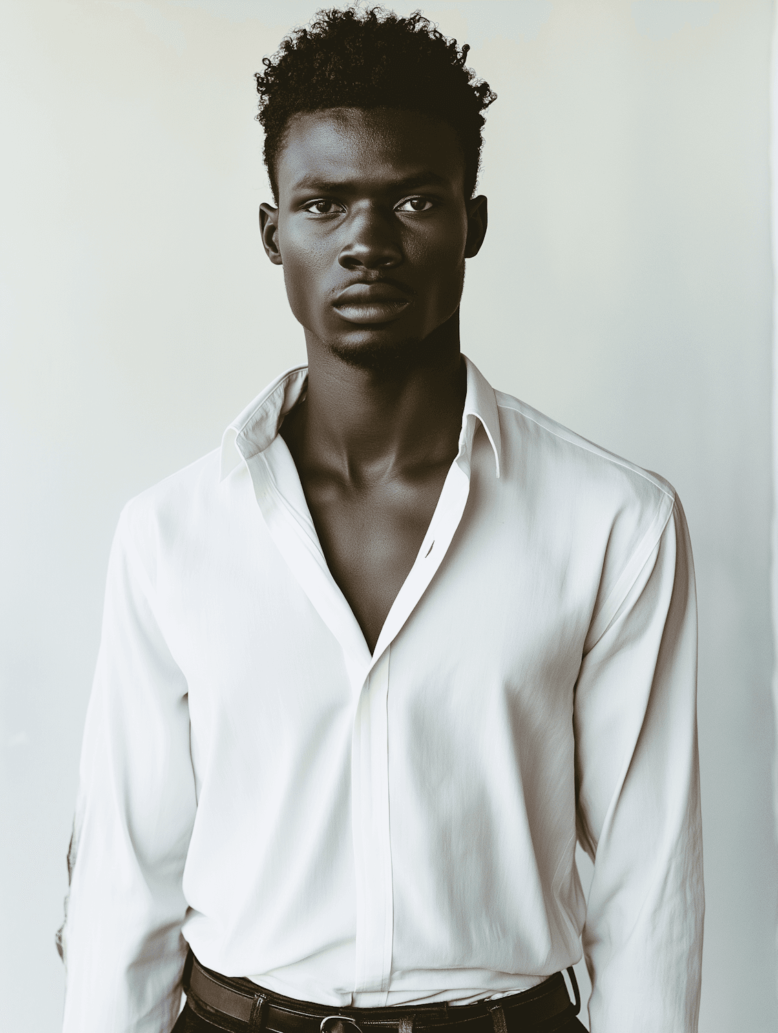 A young man in a white shirt with a calm, steady expression