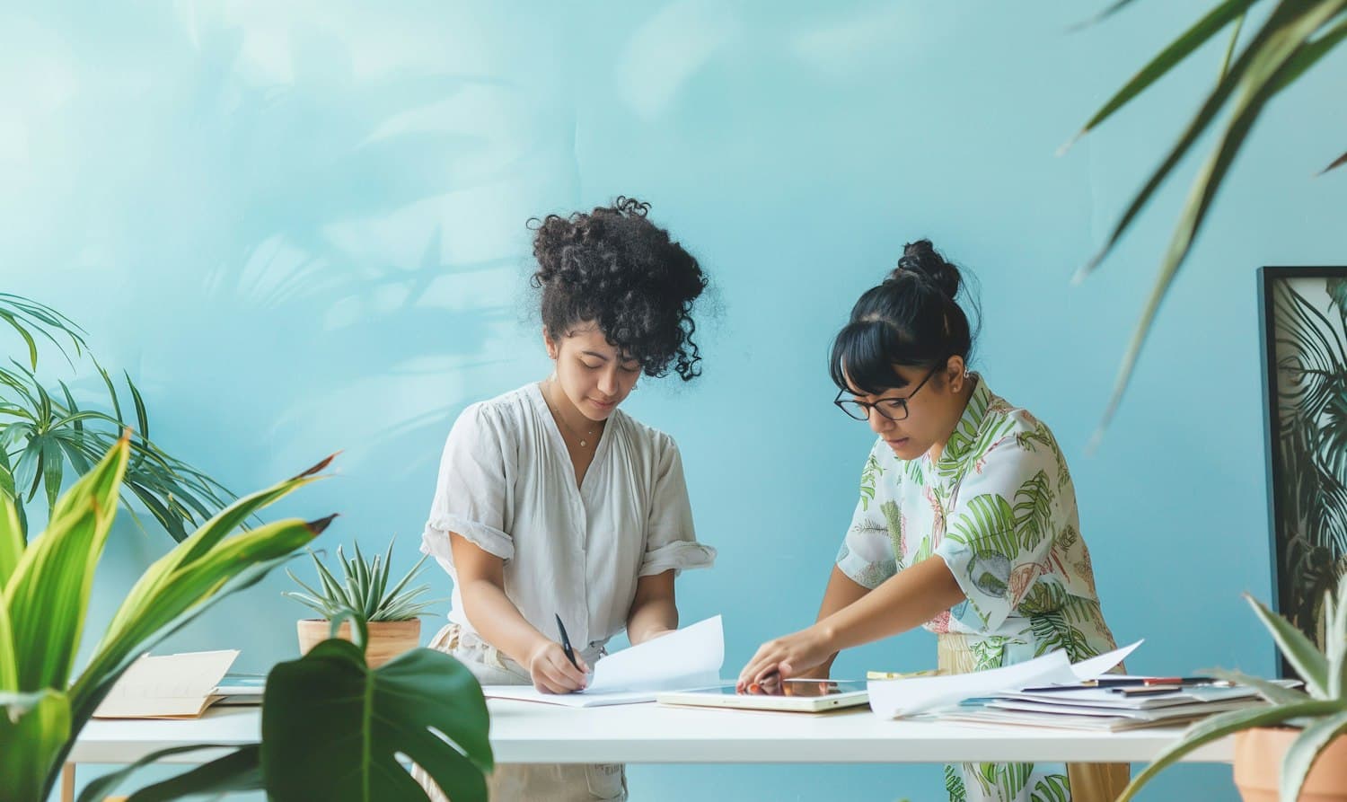 Two women working side by side at a desk covered with papers and plants