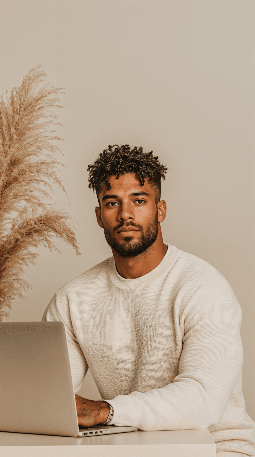 A man with curly hair in a cream sweater working at a laptop beside dried pampas grass