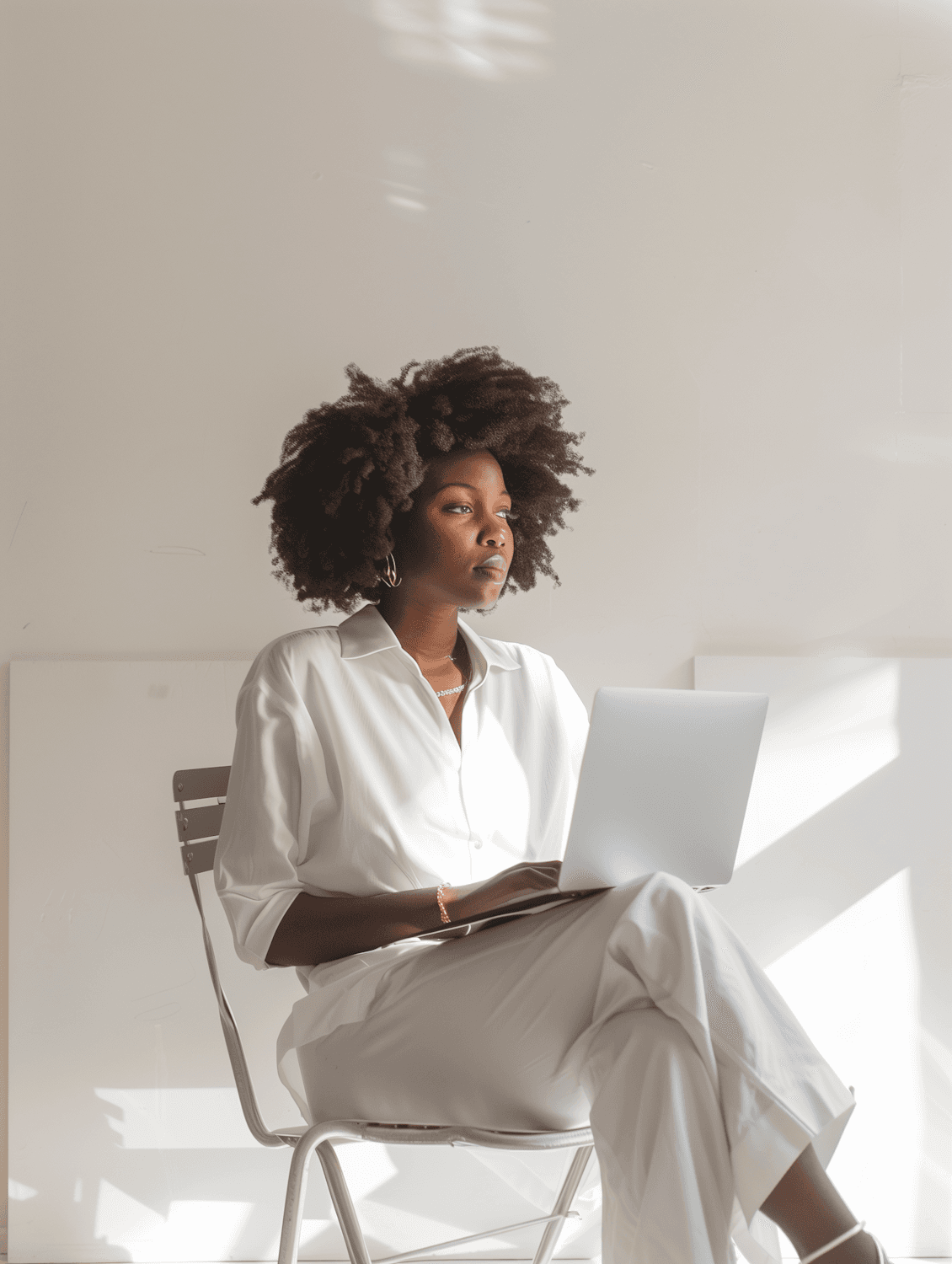 A woman with natural hair, dressed in white, sitting with a laptop in soft window light